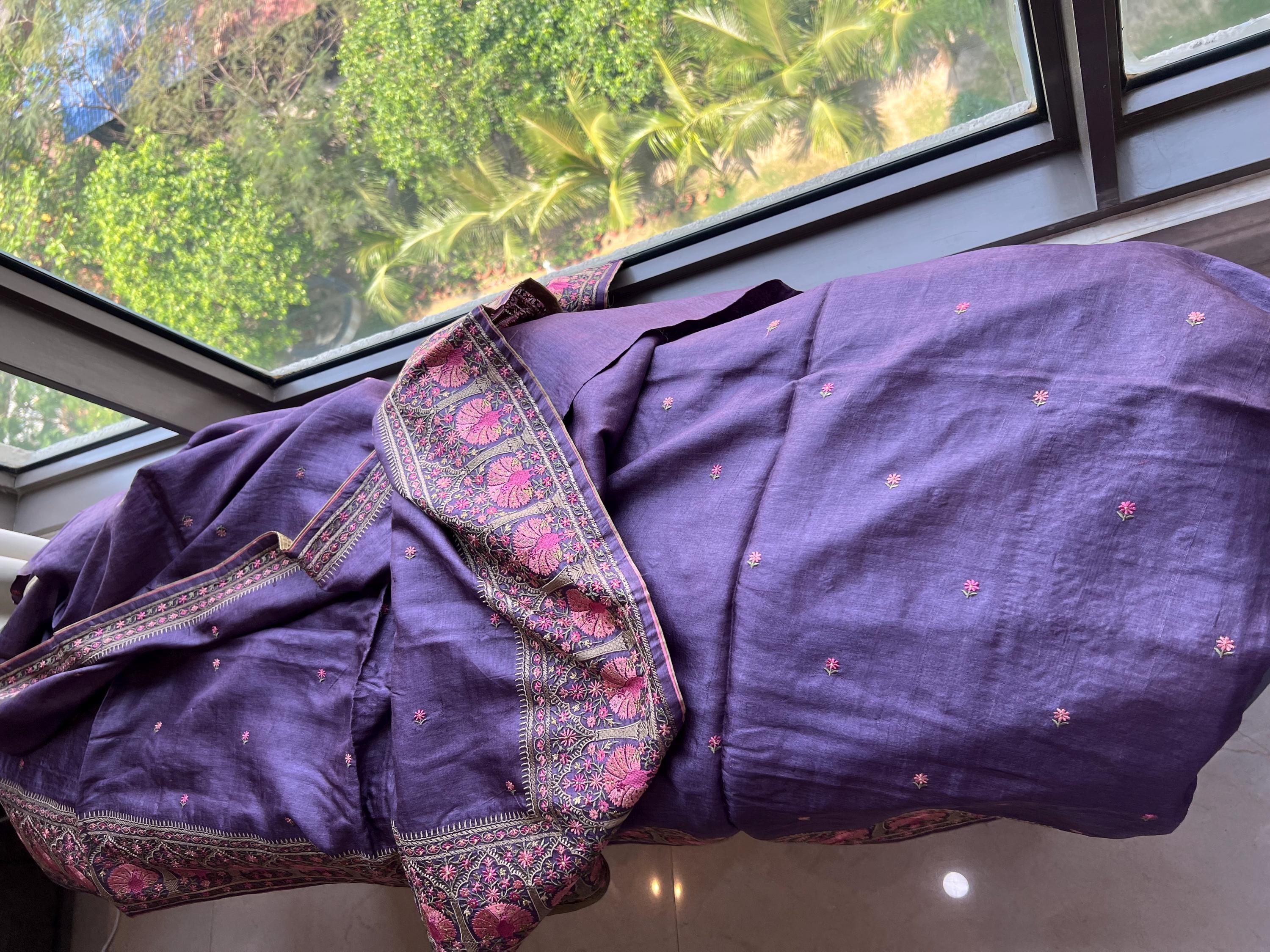 紫の刺繍サリー、インドの伝統的なサリー、女性用サリーブラウス