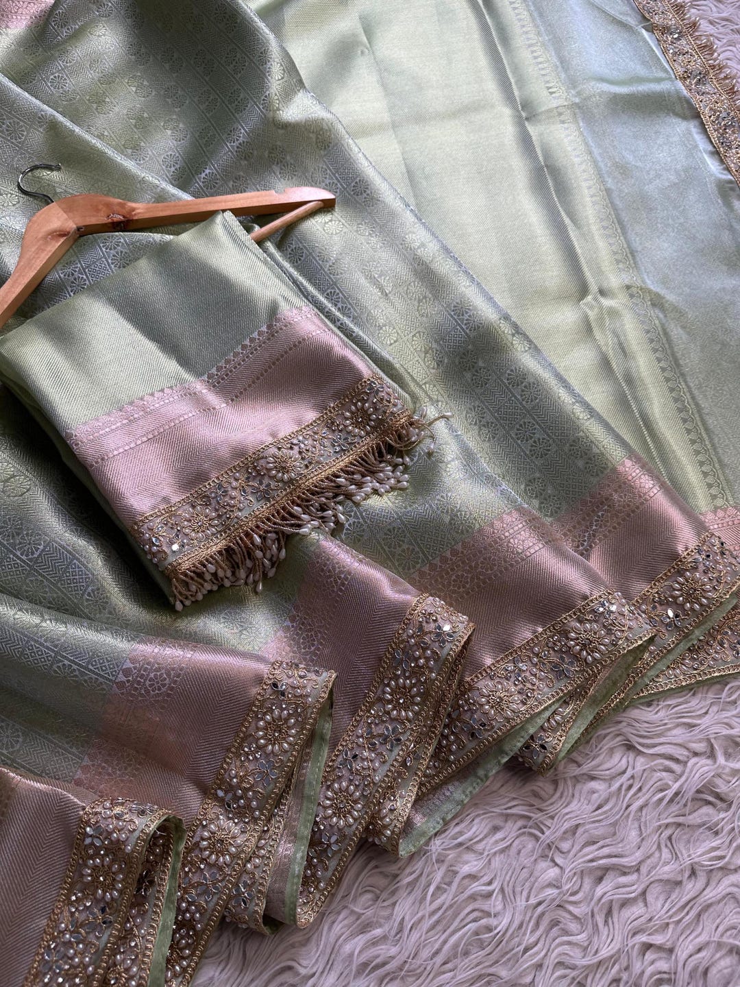 Kanjeevaram Green and Pink Silk Half Saree| Bridal & Engagement wear by Studio149, Chennai