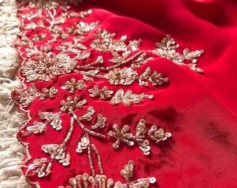 Red Crepe Silk Saree: Bridal Sequins Handwork, Luxury Clothing