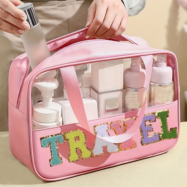 Light Pink TRAVEL Chenille Letter Clear PVC Makeup Bag