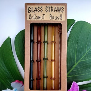 4 Tall Glass Bamboo Shaped Straws & Coconut Brush | Reusable Straws | Eco Friendly Straws | Colored Straws | Green | Borosilicate Glass