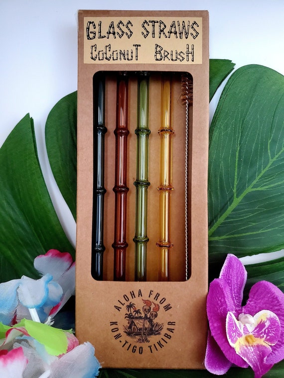 4 Tall Glass Bamboo Straws & Coconut Brush, Reusable Straws, Eco Friendly