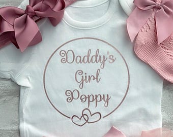 Personalised Baby Daddy/Mummys Girls Frilly Tutu Knickers Outfit Dusky Pink Rose Gold Socks  Dress Vest Only Or Full Set U.K. Star Seller