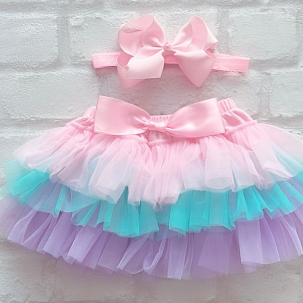 Luxury Girls Baby Rainbow Pastel Frilly Tutu Skirt Cake Smash Photoshoot 1st Birthday Outfit With Bow Frills On Front & Back With Headband