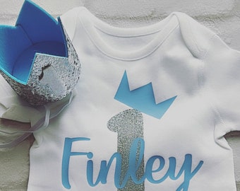 Personalised Baby Boys Cake Smash Outfit Set First 1st Birthday Baby Blue Crown Hat & Vest One Cake Smash Free Shipping UK Star Seller