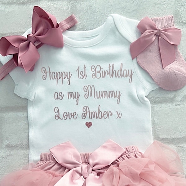 Personalised Birthday Message 1st Birthday as my Mummy Dusky Pink Tutu Knickers Outfit With Socks Baby Girl  Rose Gold