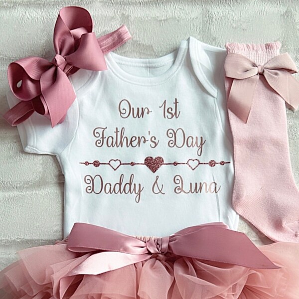 Personalised Our 1st First Father’s Day Baby Girls Frilly Tutu Knickers Outfit Socks Dusky Pink Rose Gold U.K. Star Seller Free Shipping