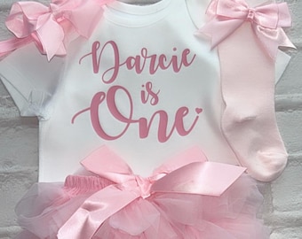 Personalised 1st Birthday Baby Pink Outfit With Socks Tutu Knickers 4 Piece Set Dress  Headband Free Postage U.K. Star Seller
