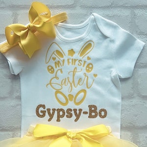 NEW Personalised Baby Girls Frilly Both Sides Yellow Tutu Knicker My First Easter Outfit Gold Glitter Cute Bunny Headband UK Star Seller