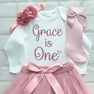 Personalised Baby Girls 1st First Birthday Outfit Tutu Skirt Flower Jewelled Headband Dusky Pink Rose Gold One With Socks