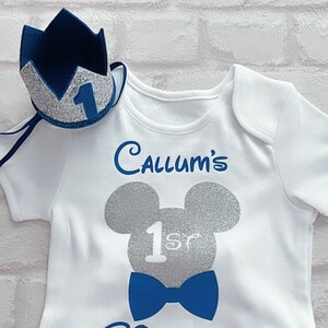 Personalised Custom Boys First 1st Birthday Set  Mickey Style Cake Smash Crown Hat Royal Blue Silver Vest UK Star Seller Free Shipping
