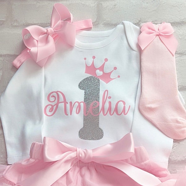 Personalised Baby Girls 1st First Birthday Cake Smash Full Outfit Baby Pink Silver Glitter Tutu Set With Socks UK Star Seller Free Shipping