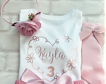 Personalised Girls 3rd Birthday Outfit Dress Tutu Skirt Third T-Shirt Top Rose Gold Dusky Pink Flower Headband With Socks Shipping
