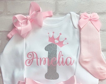 Personalised Baby Girls 1st First Birthday Cake Smash Full Outfit Baby Pink Silver Glitter Tutu Set With Socks UK Star Seller Free Shipping