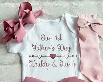 Personalised Our 1st First Father’s Day Baby Girls Frilly Tutu Knickers Outfit Socks Dusky Pink Rose Gold U.K. Star Seller Free Shipping