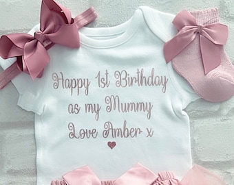 Personalised Birthday Message 1st Birthday as my Mummy Dusky Pink Tutu Knickers Outfit With Socks Baby Girl  Rose Gold