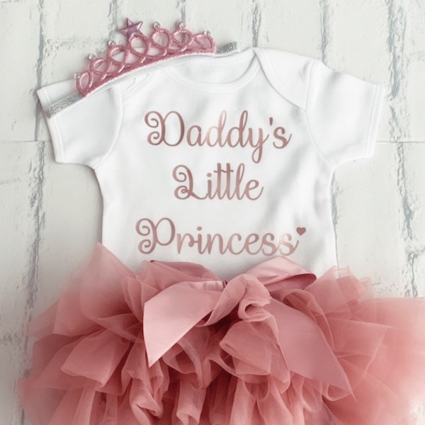 Baby Girls Frilly Tutu Knickers Both Sides Newborn Size Father’s Day Outfit Daddy’s Little Princess Dusky Pink Rose Gold Vest Only Option