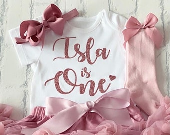 Girls 1st First Birthday Cake Smash Set Outfit Tutu Personalised Rose Gold Glitter Dusky Pink With Bow Socks