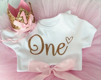 Luxury Baby Girls First 1st Birthday Outfit Tutu Skirt Vest Crown Cake Smash Set Baby Pink Gold Party Fast UK Seller