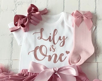 Girls 1st First Birthday Cake Smash Set Outfit Tutu Personalised Rose Gold Pearl Shimmer Dusky Pink With Bow Socks