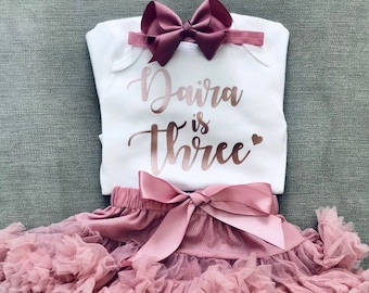 Personalised Girls 3rd Birthday Outfit Tutu Skirt Third T-Shirt Party Top Rose Gold Bow