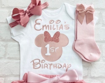 Girls 1st First Birthday Cake Smash Set Outfit Tutu Personalised Minnie Rose Gold Glitter Dusky Pink With Bow Socks