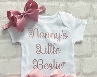 Nanny’s Little Bestie Baby Girls Frilly Tutu Knickers Both Sides Outfit Dusky Pink Rose Gold Vest Only Or Set From Newborn Size