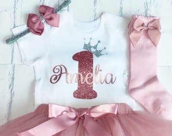 Girls 1st First Birthday Cake Smash Full Outfit Personalised Dusky Pink Rose Gold Glitter and Pearl Tutu Set Including Socks