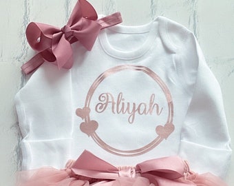 Personalised Baby Girls Frilly Tutu Knicker Outfit Dusky Pink Rose Gold Glitter UK Seller Frills Front & Back Star Seller