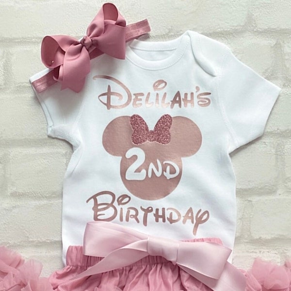 Girls 2nd Second Two Birthday Outfit Or Vest Only Tutu Skirt Personalised Minnie Rose Gold Glitter Dusky Pink Free Shipping U.K. Star Seller