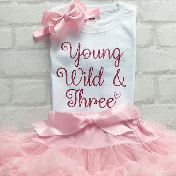 Custom Girls 3rd Birthday Tutu Skirt Third T-Shirt Top Baby Pink Hot Pink Glitter Printed Front and Back Name Number Young Wild & Three U.K.