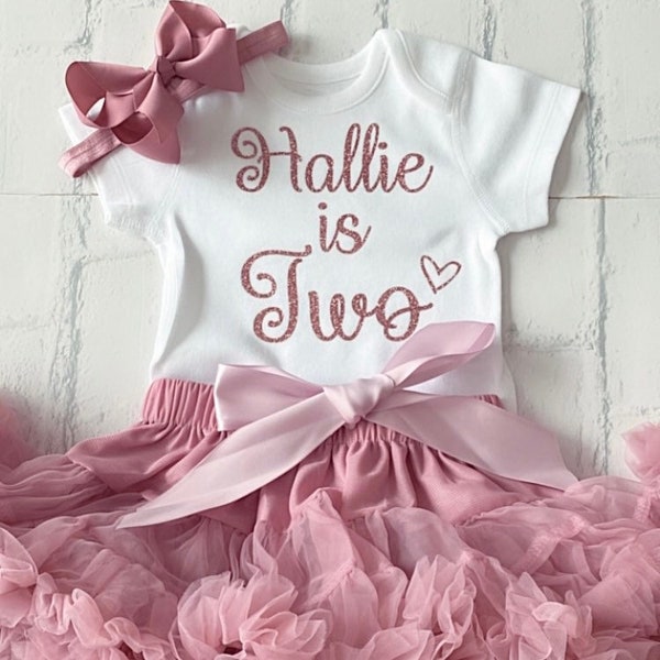 Personalised Girls 2nd Two Second Birthday Full Outfit Dusky Pink Rose Gold Glitter Soft Fluffy Tutu Set U.K. Seller