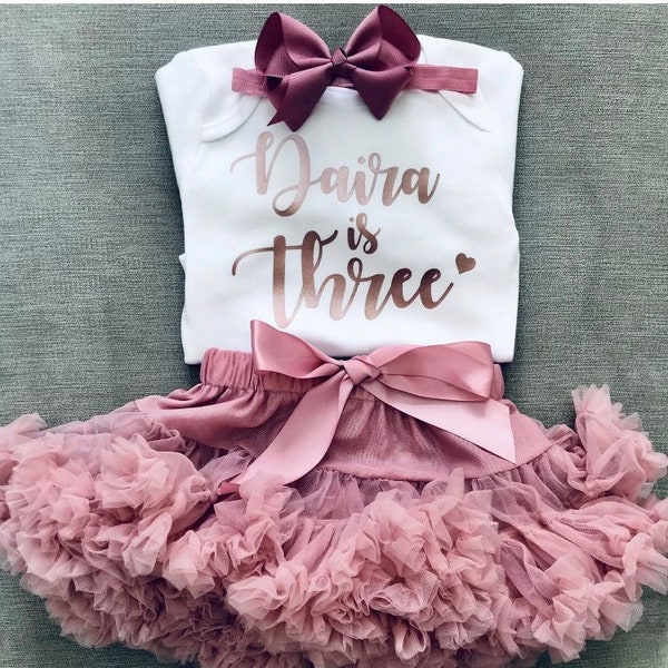 Personalised Girls 3rd Birthday Outfit Tutu Skirt Third T-Shirt Party Top Rose Gold Bow
