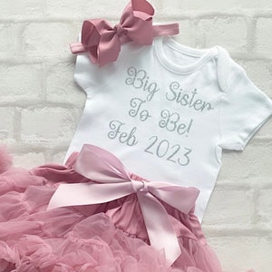 Girl’s Big Sister To Be Outfit Tutu Personalised With Due Date Dusky Pink Red Lilac Baby Pink Gold Silver Glitter Vest Only Free Shipping