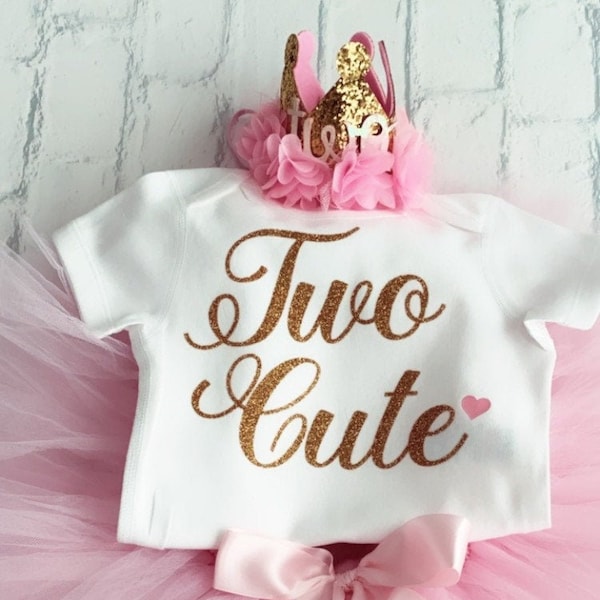 Girls 2nd Second Birthday Party Outfit Tutu Skirt Baby Pink Gold Vest Top Flower Crown Two Cute
