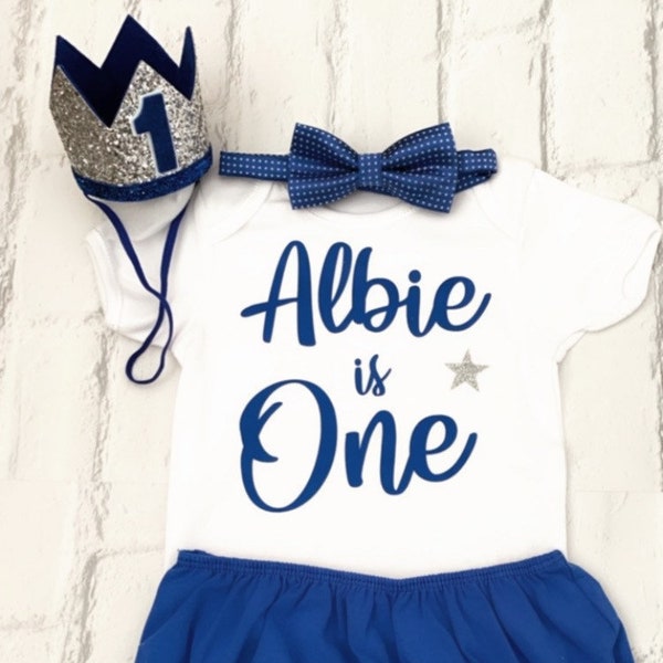 Personalised Baby Boys First Birthday Outfit Cake Smash Set Navy Shorts Crown Fast Free Shipping UK Seller
