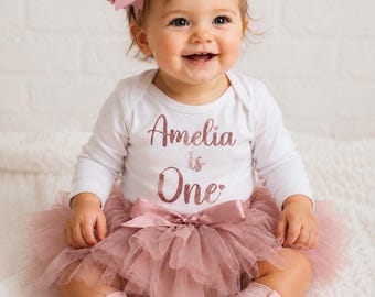Personalised 1st Birthday Dusky Pink Outfit With Socks Tutu Knickers 4 Piece Set Glitter Headband Free Postage U.K. Star Seller