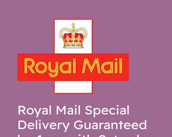 May include: Royal Mail logo with a red and white background and a gold crown. The text below reads "Royal Mail Special Delivery Guaranteed by 1pm with Saturday"
