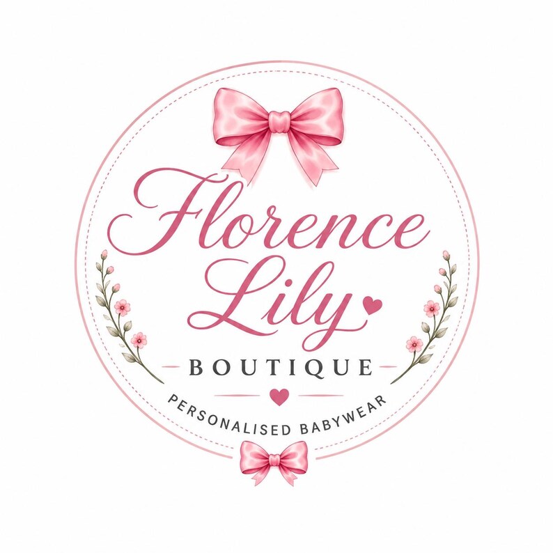 May include: A circular logo with the text "Florence Lily Boutique" in pink script. The logo features two pink bows, floral accents, and the words "Personalised Babywear" in a smaller font.