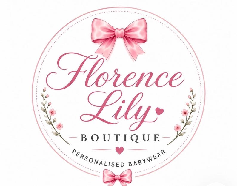 May include: A circular logo featuring a pink bow at the top and bottom, with the text Florence Lily BOUTIQUE and PERSONALISED BABYWEAR in the center. The design includes floral accents on the sides and a small heart icon in pink.