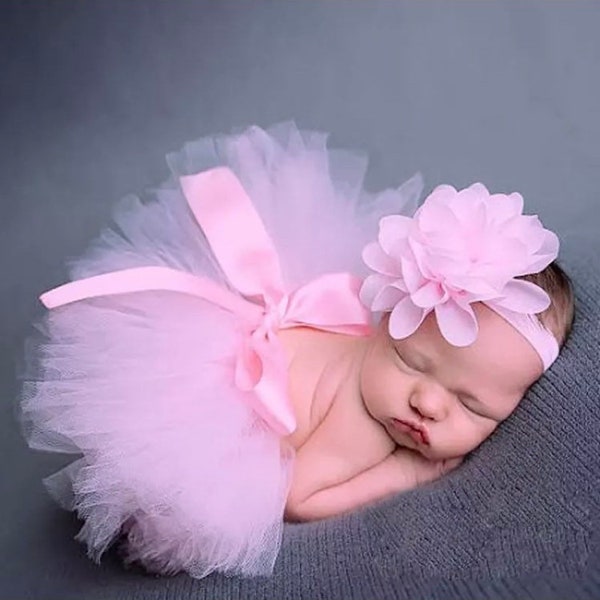 Baby Girls Newborn Tutu Skirt & Headband Outfit Set Photo Shoot Prop 0-3 Months Bright Baby Pink UK Seller