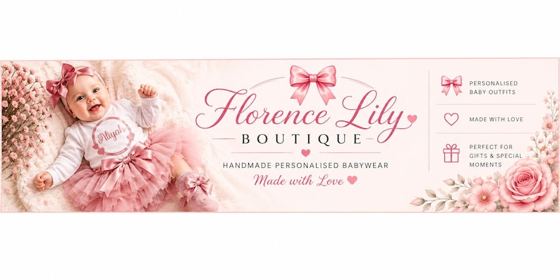 May include: A baby wearing a pink tutu, bow, and headband, with matching booties. The image features the text "Florence Lily Boutique" and "Handmade Personalised Babywear". The baby is smiling. The image also includes the text "Made with Love".