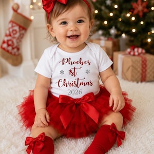 Personalised Christmas 2026 First 1st Christmas Vest Outfit With Socks Red Silver Glitter Knickers Baby Girl From 1st Size UK Star Seller