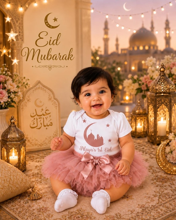 Personalised Baby Girl First Eid Outfit: Rose Gold, Tutu Knicker, Bow Headband