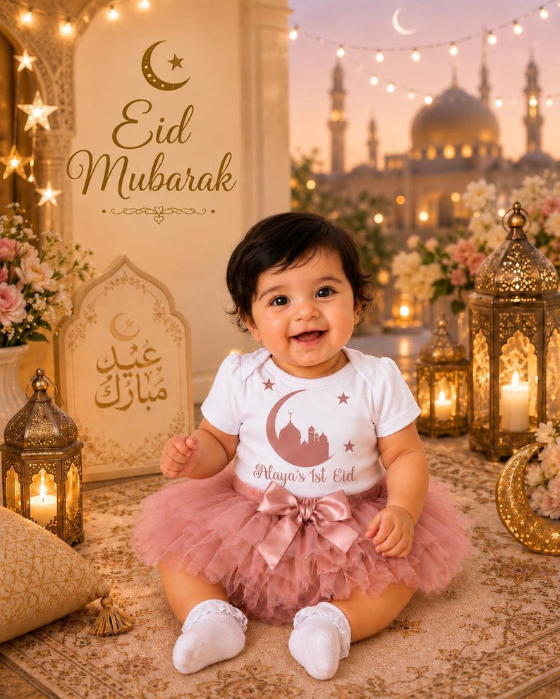 May include: A smiling baby wearing a white onesie with a crescent moon and mosque design, paired with a pink tutu and bow. The text "Maya's 1st Eid" is visible. The background includes lanterns, flowers, and the words "Eid Mubarak".