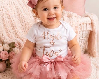 Personalised 2nd Birthday Outfit:  Dusky Pink Frilly Tutu, Bodysuit Socks, Headband Free Postage