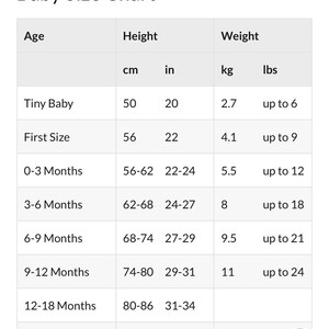 May include: A baby size chart with age ranges, height in inches and centimeters, and weight in pounds and kilograms. The chart includes sizes for tiny babies up to 18-24 months.