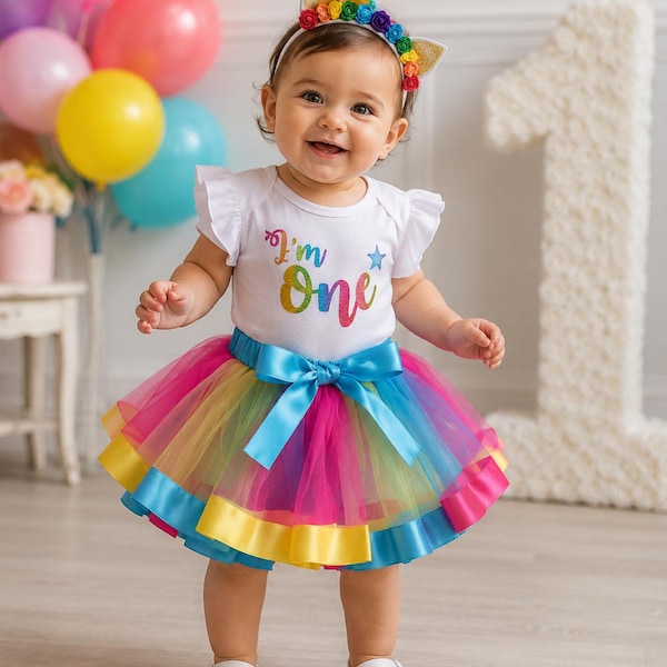 Girls 1st First Birthday Tutu Skirt Unicorn Outfit Rainbow Cake Smash Set Band