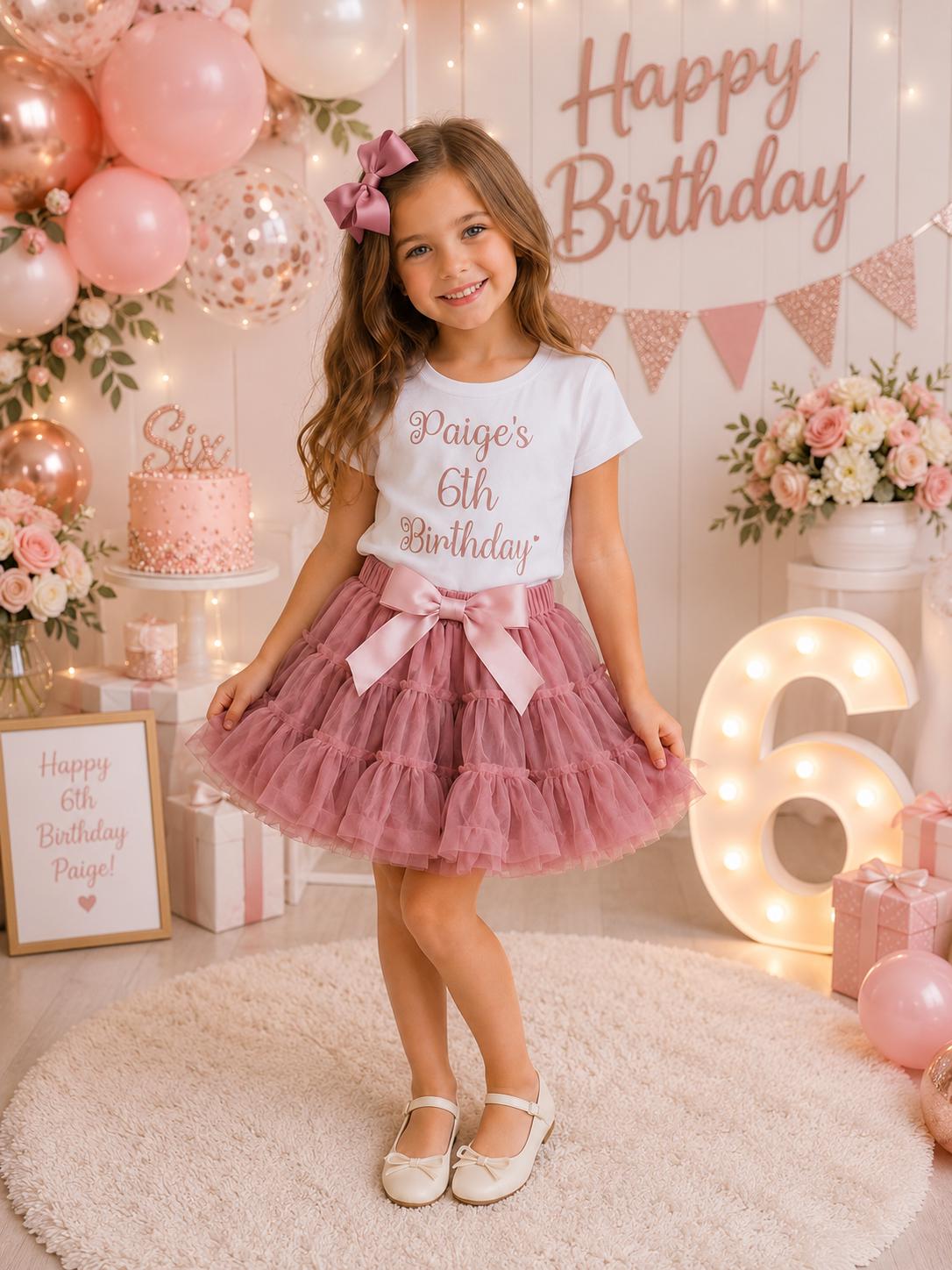 Girl's 6th Tutu Outfit With Name Sixth Birthday Dusky Pink Rose Gold T-shirt Dress Fast Shipping UK Star Seller
