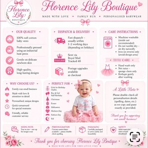 May include: An informational graphic for Florence Lily Boutique featuring pink and white text, icons, and a photograph of a baby wearing a white onesie with a pink crown and the name Amelia, paired with a pink tutu and a matching headband.
